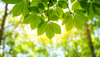 Sun-Kissed Canopy of Fresh Green Leaves Against a Golden Bokeh