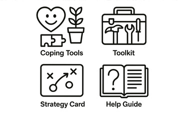 Illustrated icons: coping tools, toolkit, strategy card, help guide for personal growth
