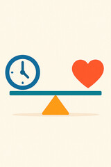 Better time and love balance concept showing a scale with a clock and heart symbolizing work life balance, relationships, and emotional well-being.