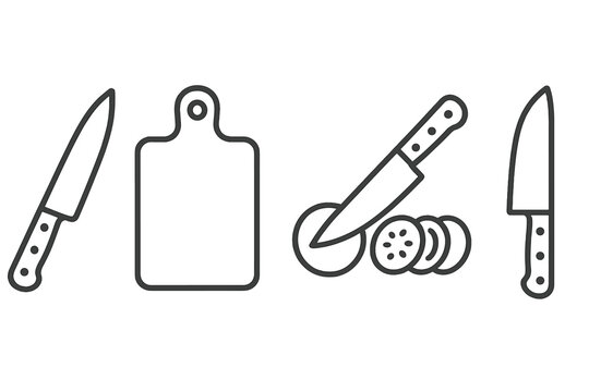 Line art of cooking knives and cutting board with sliced vegetables