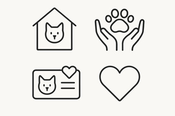 Obraz premium Pet care icons: cat, shelter, paw, love, id badge, heart symbols