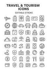 60 Editable Stroke EPS Vector Icons for Travel & Tourism Industry, Clean Outline Style