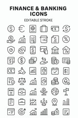 60 Editable Stroke EPS Vector Icons for Finance & Banking Industry, Clean Outline Style