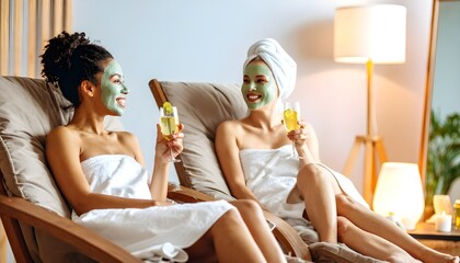 relaxing in spa robes with green face masks, clinking glasses in a toast surrounded by candles, plants, and soft lighting