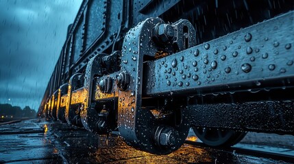 Historic train coupling mechanism with heavy rain and stormy blue skies creating moody atmospheric lighting on polished metal railway components