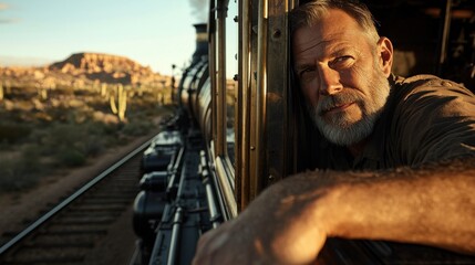 Experienced desert railway conductor with salt-pepper beard leaning from historic steam train cab amid arid mountain terrain