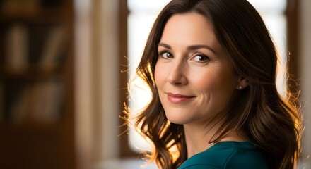 Confident Young Woman with Brown Hair Wearing Green Top Indoor