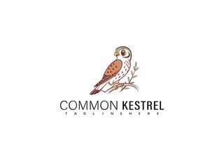 Obraz premium Cute cartoon Common Kestrel perched on a branch with joyful colors and expressive character features, designed for wildlife-themed children’s books, creative bird-themed branding, and nature-inspired 