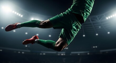 Soccer goalkeeper in mid-air, leaping to catch a ball in a stadium.