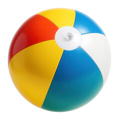 Colorful beach ball with vibrant red, yellow, blue, white, and green panels inflated and isolated against a white background, illustrating a playful summer accessory.