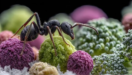 Close-up of an ant on colorful vegetable balls