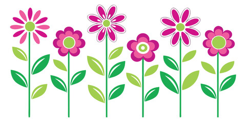 Row of Stylized Pink and Purple Flowers with Green Leaves on White Background floral