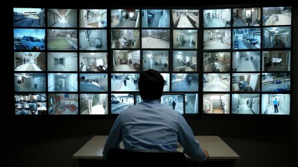 Security professional monitoring multiple surveillance camera feeds across various locations in a control room for safety and security purposes