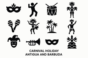 Carnival Holiday Antigua and Barbuda &ndash; 12/16 Solid Black Silhouette Vector EPS Set Collection