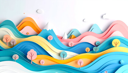 Vibrant Papercraft Landscape of Flowing Pastel Hills and Stylized Trees