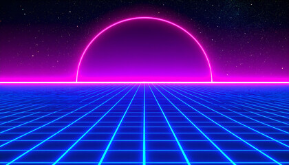 Vibrant Retrowave Horizon with a Glowing Pink Sun and Blue Neon Grid