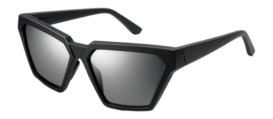 Stylish angular sunglasses featuring a bold black frame and reflective gray lenses, suitable for modern fashion and eye protection concepts.