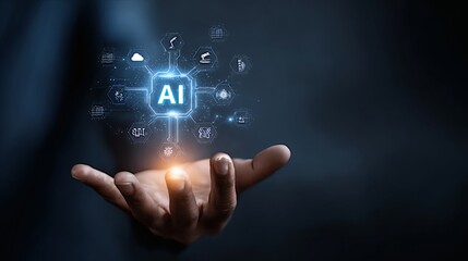 Futuristic artificial intelligence interface hovering above human hand in digital space
