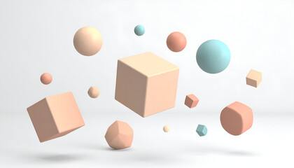 Weightless Pastel Geometry: A Minimalist Dance of Cubes and Spheres