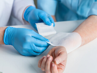 Obraz premium Applying a Bandage Medical Care and First Aid Treatment