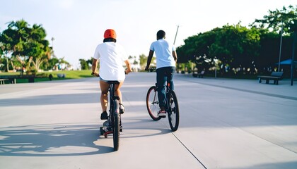 Skater and cyclist gliding side by side down a sunlit tree