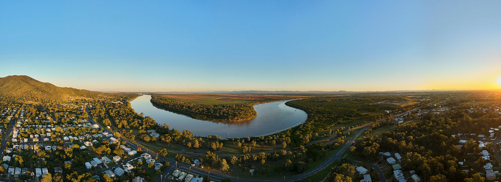 Beautiful drone shot of the Rockhampton river at sunset in Queensland, Australia