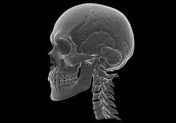 Obraz premium Transparent skull and neck bones are visible in a side view, showcasing internal brain structure against a black background.