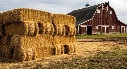 Stacked rectangular hay bales in a field, with a red barn visible in the background under a cloudy sky.