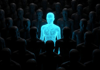 A radiant blue human figure emerges from a sea of dark, anonymous silhouettes, representing uniqueness and distinction.