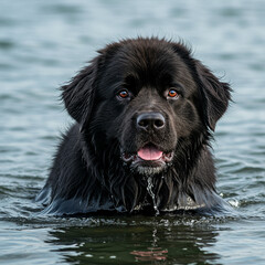 Majestic Newfoundland Dog Swimming in Ocean, Isolated on White. High Detail, 8k.