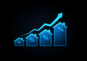 A graphic illustration showing rising house prices represented by houses with percentage signs and an upward trending arrow.