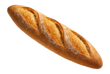 A fresh, golden-brown baguette with a crisp crust and scored top, isolated on a white background, ideal for bakery and culinary concepts.