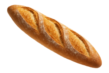A fresh, golden-brown baguette with a crisp crust and scored top, isolated on a white background, ideal for bakery and culinary concepts.