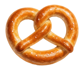 Realistic illustration of a salted pretzel with a glossy, golden-brown surface, showcasing its classic knot shape on a white background.