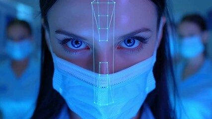 Futuristic Medical Portrait of a Woman with High-Tech Facial Recognition Overlay in a Clinical Environment - Powered by Adobe