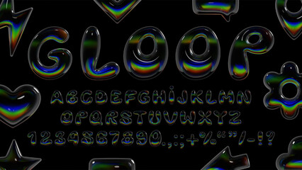 3D bubble font with full alphabet, numbers and symbols, designed with glossy iridescent texture, inflated liquid forms and futuristic Y2K look