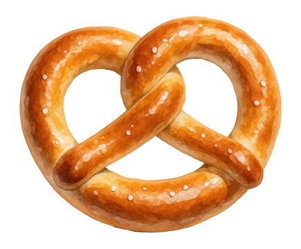 Realistic illustration of a salted pretzel with a glossy, golden-brown surface, showcasing its classic knot shape on a white background.