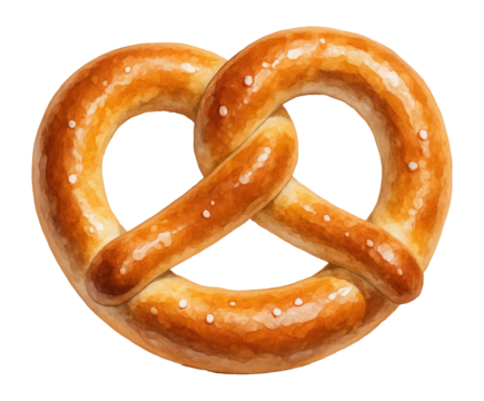 Realistic illustration of a salted pretzel with a glossy, golden-brown surface, showcasing its classic knot shape on a white background. - Powered by Adobe