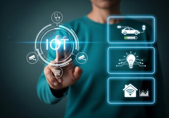 Person interacting with iot technology interface showing smart home and car