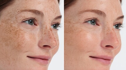 Split Face Comparison of a Caucasian Woman Before and After Skincare Treatment Showing Hyperpigmentation, Freckles, and Enlarged Pores on One Side and Smooth, Even-Toned Skin on the Other