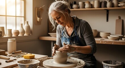 Elderly Woman Pottery Making in Bright Studio with Shelves of Clay and Tools