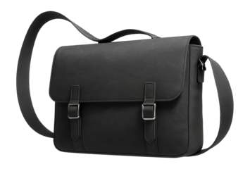Sleek black leather messenger bag with adjustable strap and buckle closures, ideal for business and everyday use, featuring a minimalist design for versatile styling.