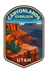 Obraz premium Canyonlands National Park viewpoint illustration in Utah, featuring a desert scene. Vintage vector emblem badge patch, retro design, transparent background