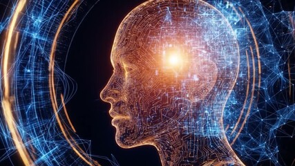Digital representation of a human head and brain composed of glowing blue and orange particles and data streams, symbolizing artificial intelligence, consciousness, and futuristic technology - Powered by Adobe