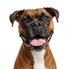 Fototapeta premium Happy Boxer Dog Portrait: Goofy Grin and Tongue Out on White Background. 8k.