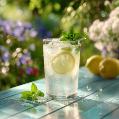 Refreshing glass of sparkling lemonade with mint and lemon slices on a wooden table in a sunny garden setting.