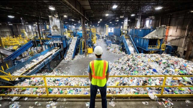 The worker observing operations at a modern recycling facility filled with waste materials.