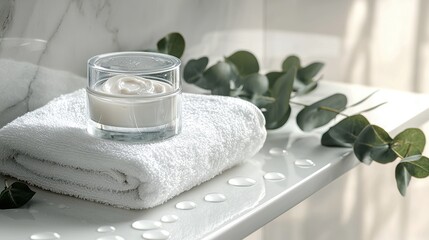 Premium skin protection lotion in elegant glass jar with eucalyptus sprigs and white towel on modern bathroom shelf