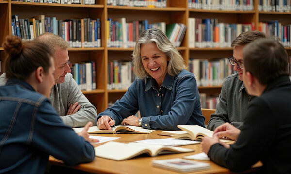 Diverse group studying and laughing in a library setting