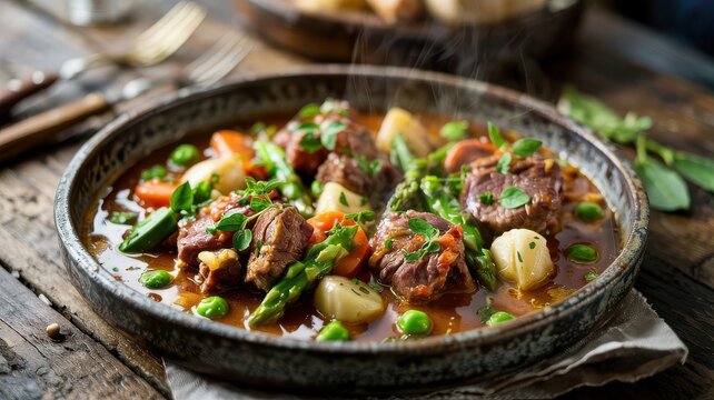French veal stew navarin printanier with tender meat pieces, spring vegetables, peas and asparagus in rich brown sauce served in rustic cast iron skillet